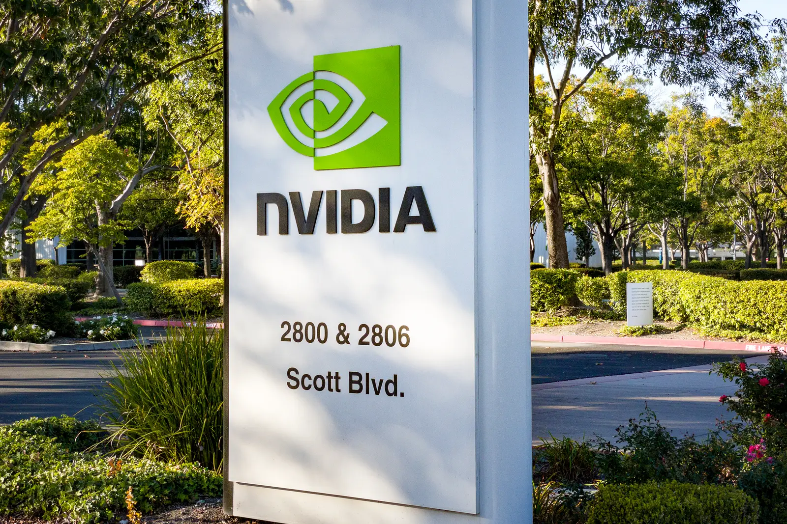 The Nvidia sign outside its Santa Clara campus