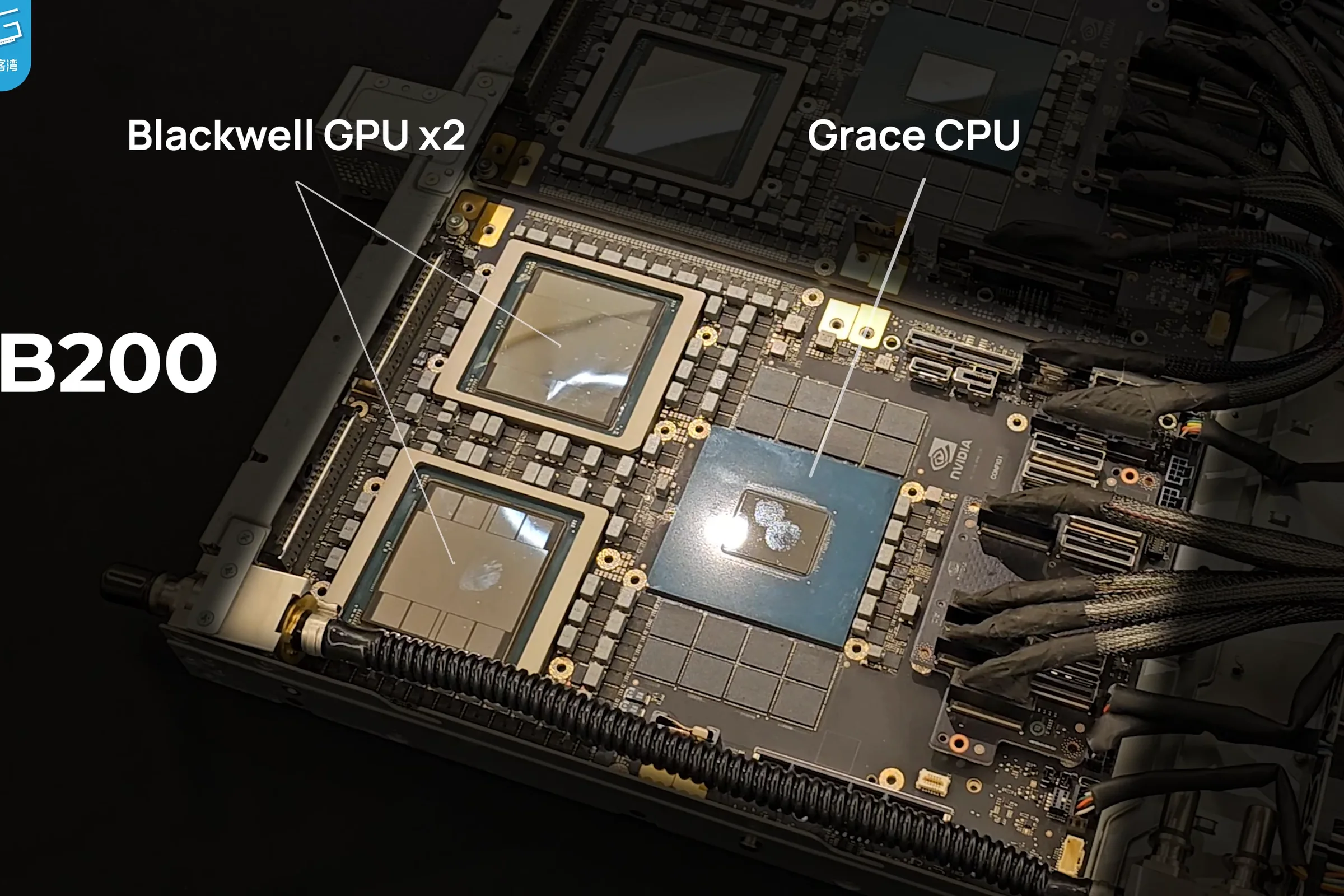 An Nvidia board carrying Grace and Blackwell chips