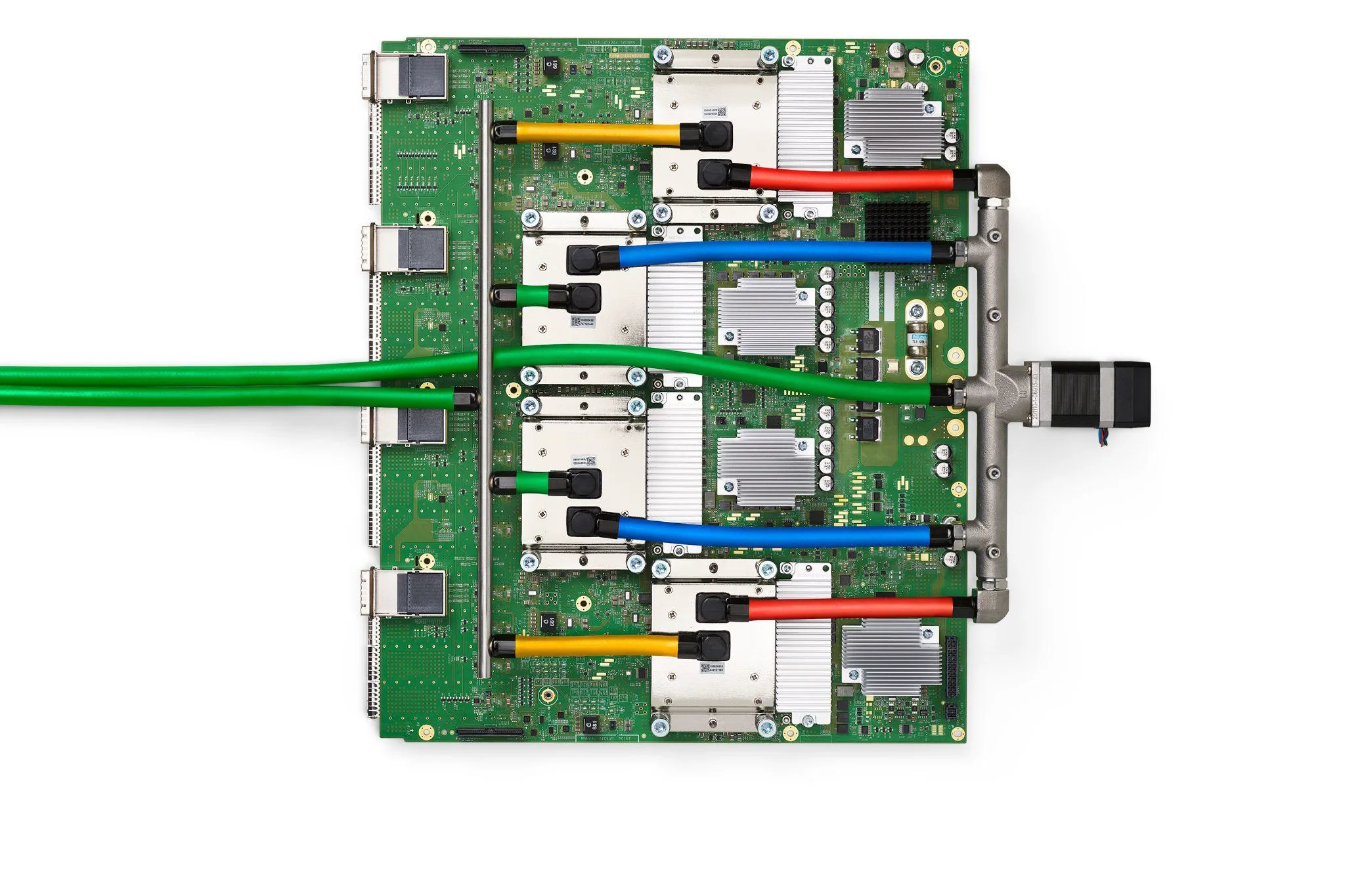 A Google TPU board with network cables attached